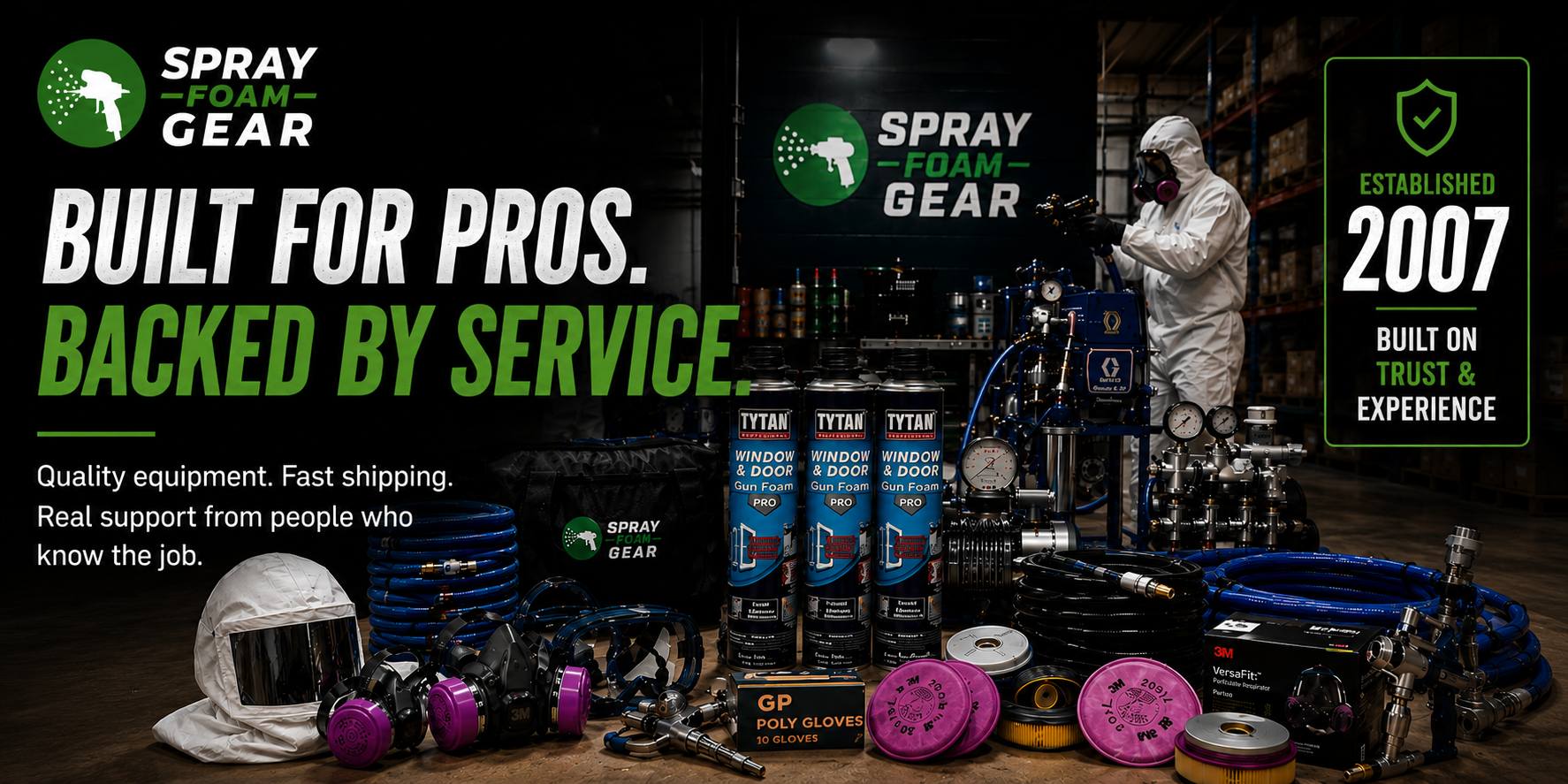 Spray Foam Gear advertisement with equipment and branding elements.