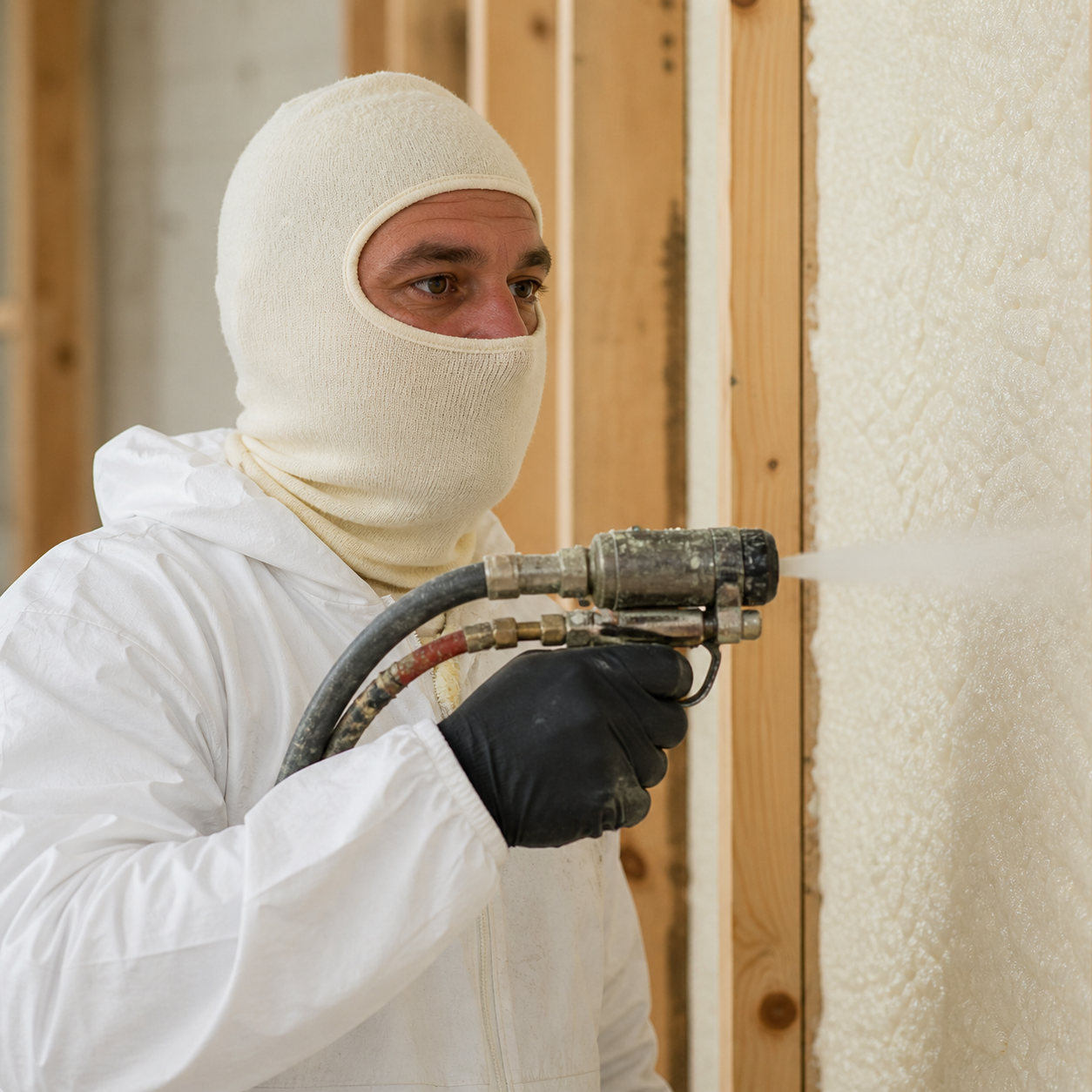 Person in protective gear spraying insulation foam on a wall.